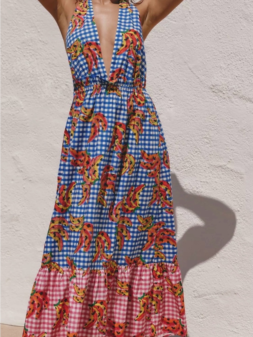 FARM Rio Blue & Pink Gingham Maxi Dress with Tropical Print